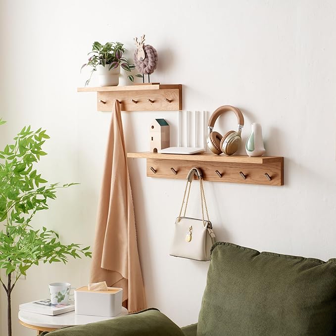 Oak Wood Wall Shelf with 6 Hooks, Entryway Shelf Coat Rack with Hooks Floating Shelves with Hooks for Clothes Hats Towel Purse Robes, Bathroom Mudroom Bedroom (27.5 inch)
