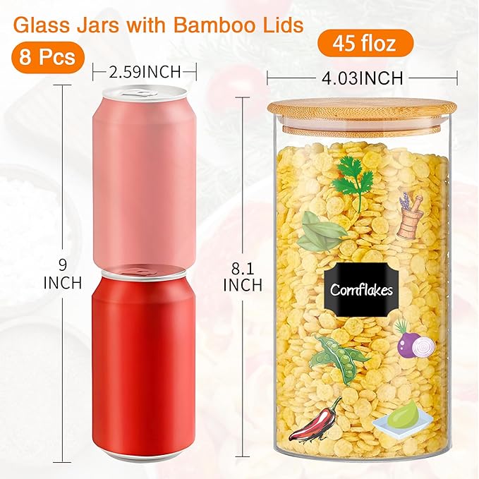 Glass Storage Jars 45 oz 4 Pcs Clear Glass Food Storage Containers with Airtight Bamboo Lid Stackable Kitchen Canisters for Candy, Cookie, Rice, Sugar, Flour, Pasta, Nuts