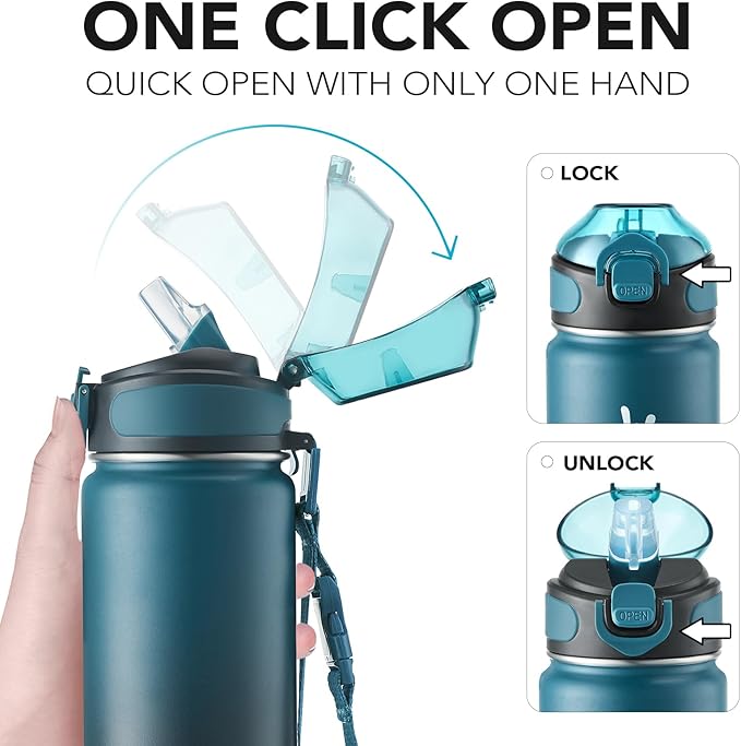 Enerbone 24 oz Insulated Water Bottle, Stainless Steel Bottle with Carrying Strap, Double-Wall Vacuum Insulation Design, Leakproof Sports Bottle with Straw, Keep Drinks Cold or Hot for Hours