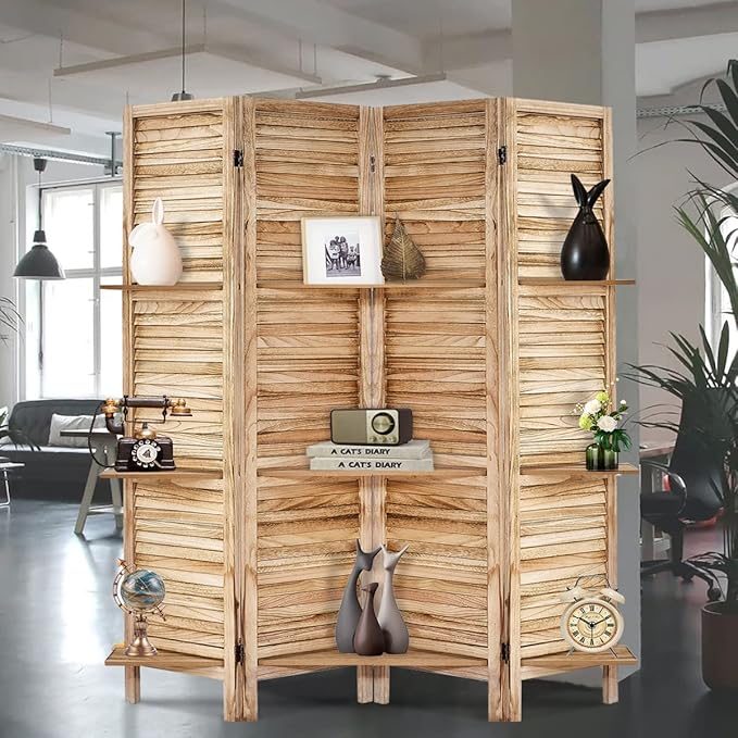Room Divider with Shelves, Privacy Screen, Room Dividers and Folding Privacy Screens, 4 Panel Wood Temporary Wall Partition Separation Separator, Natural