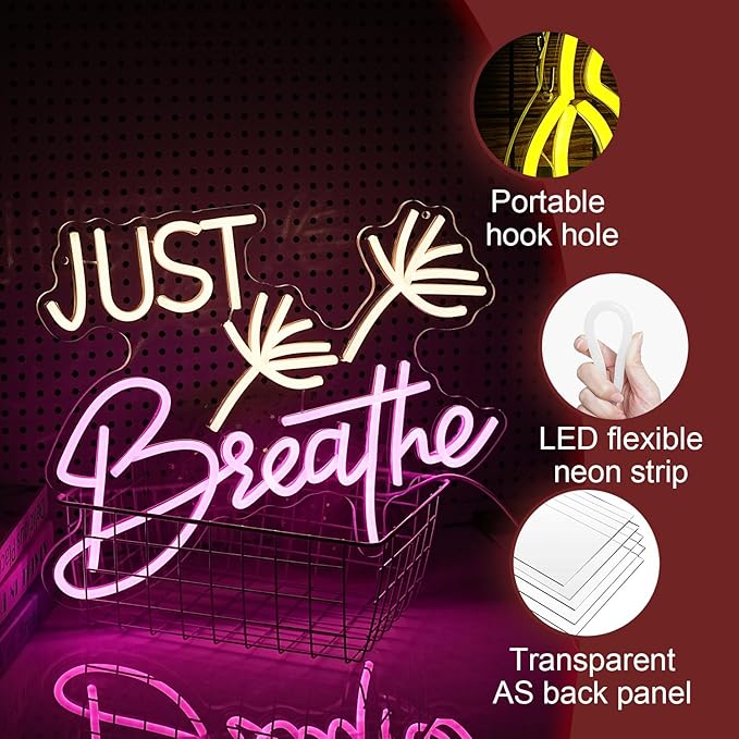 Just Breathe Neon Sign Dimmable Breathe Neon Signs Light Up Sign for Wall Decor LED Letters Neon Light by USB for Bedroom Yoga Studio Gym Reading Room(12.6 * 16.5In)
