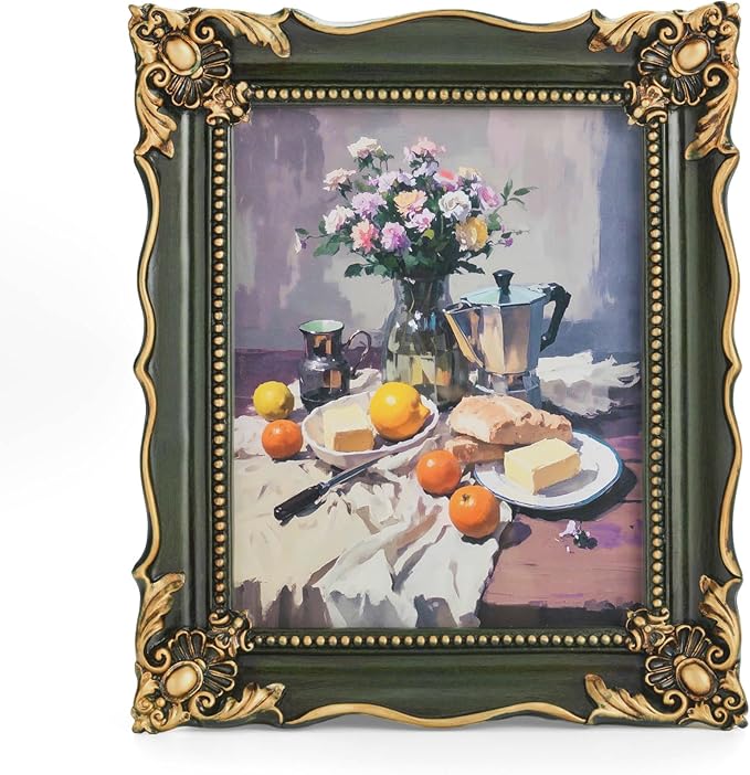 8x10 Vintage Picture Frame with Embossed Flower Design, Green Ornate Frame for 8x10 or 5x7 Pictures with White Mat, Hand-Crafted Resin Antique Frames for Tabletop & Wall Hanging, Home Decor (Green )