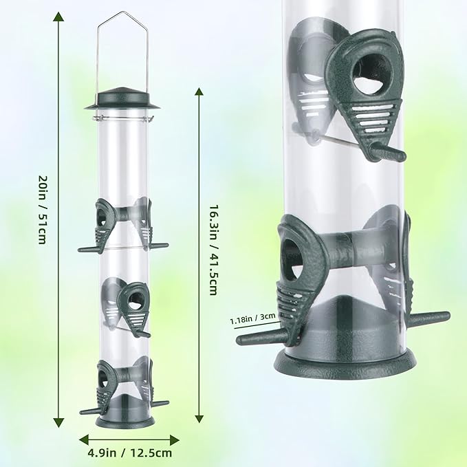 MIXXIDEA 1PK Metal Bird Feeders with 6 Feeding Ports,Tube Bird Feeder with Steel Hanger,Hard Plastic Wild Bird Feeder for Outdoors Hanging, Attracting Birds in Your Lawn, Garden, Balcony–Green