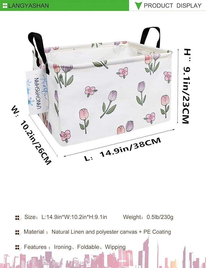 LANGYASHAN Rectangular Storage Bin Collapse Canvas Fabric Cartoon Storage Basket with Handles for Organizing Home Kitchen Boys and Girls Toys Office Closet Shelf Baskets (Rec Romantic Tulip)