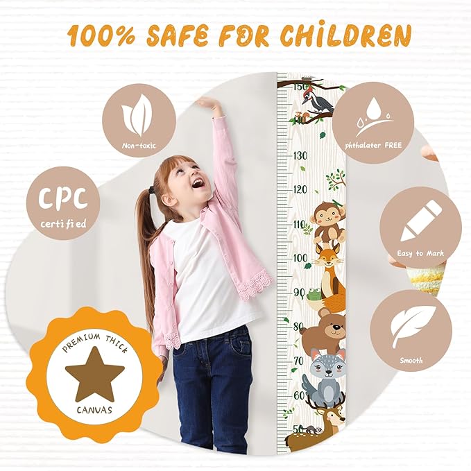 Personalized Name Growth Chart Wall Decor for Kids – Canvas Removable Height Chart Measuring Ruler 59" x 7.9" (Zoo）