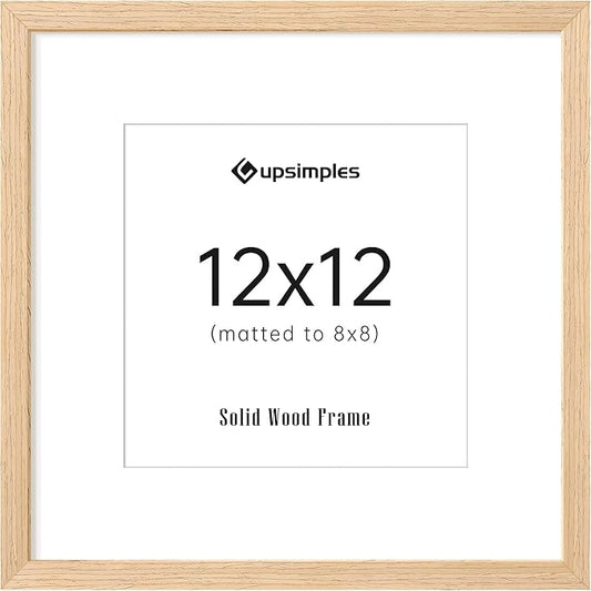 upsimples 12x12 Frame, Natural Solid Wooden Picture Frames, Display 8x8 with Mat or 12 x 12 Without Mat, Wall or Tabletop, 1 Pack, Natural