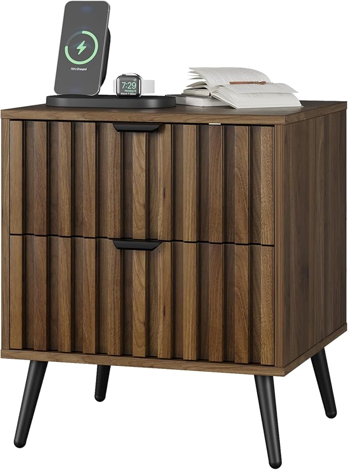 Smuxee Walnut Wooden Night Stand, Mid Century Nightstand with 2 Fluted Drawers, Bedside Table with Metal Feet, Modern End Side Table for Bedroom