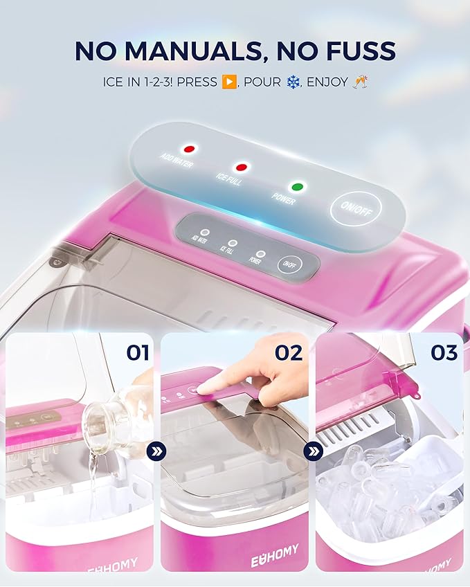 EUHOMY Countertop Ice Maker Machine with Handle, 26lbs in 24Hrs, 9 Ice Cubes Ready in 6 Mins, Auto-Cleaning Portable Ice Maker with Basket and Scoop, for Home/Kitchen/Camping/RV. (Pink)