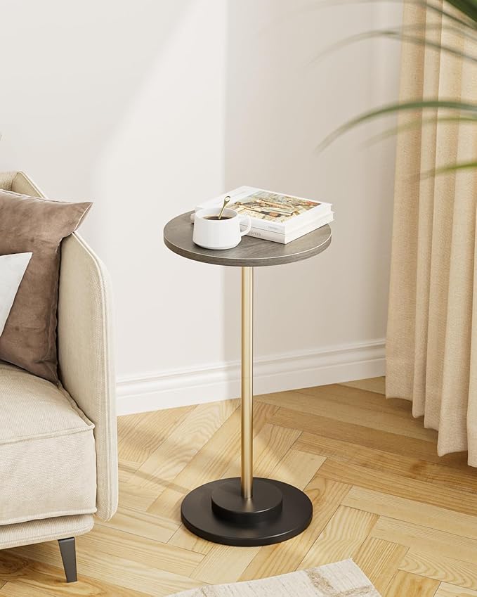 Masupu Drink Table, Round Side Table for Small Spaces, Pedestal Side Table, Small End Table with Metal Base, for Living Room, Bedroom, Bathroom, Grey