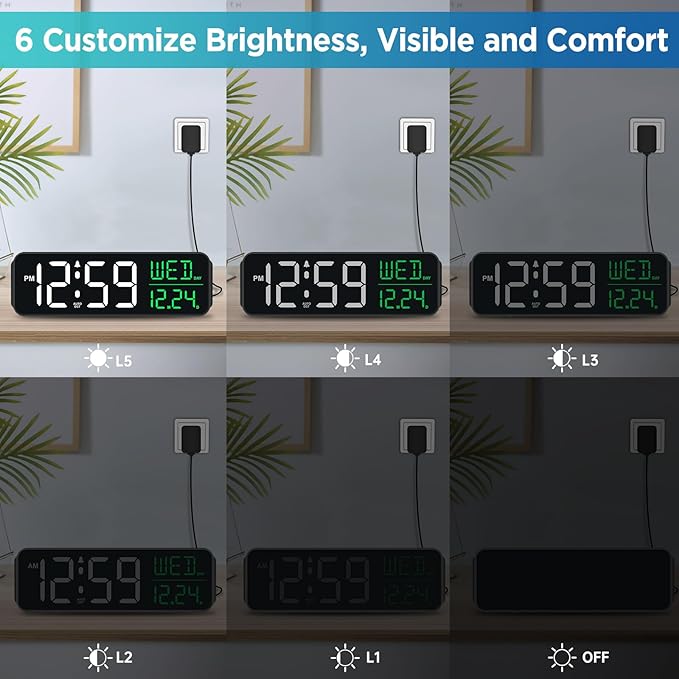 Peakeep Large Display Digital Alarm Clock for Bedrooms, Date Day of Week Calendar Desk Table Clocks for Living Room Office, Dimmable Plug in Electric Clock, 5 Volumes, Loud, Auto DST