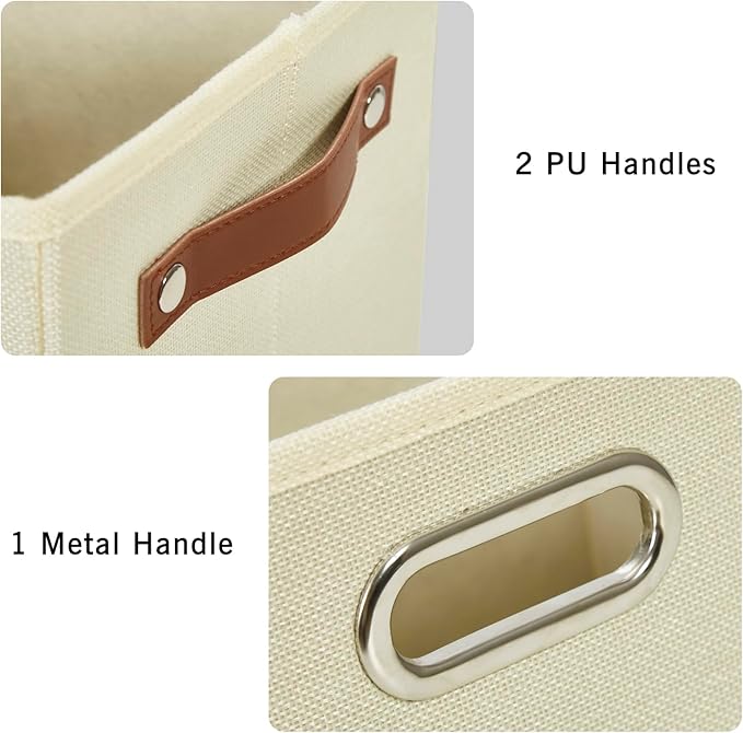 Large 3-Pack Foldable Fabric Storage Bins with Durable PU & Metal Handles , Collapsible Storage Baskets for Shelves, Home Storage, Closet Organizers, Living Room(14.9"x9.8"x9.8", Beige)