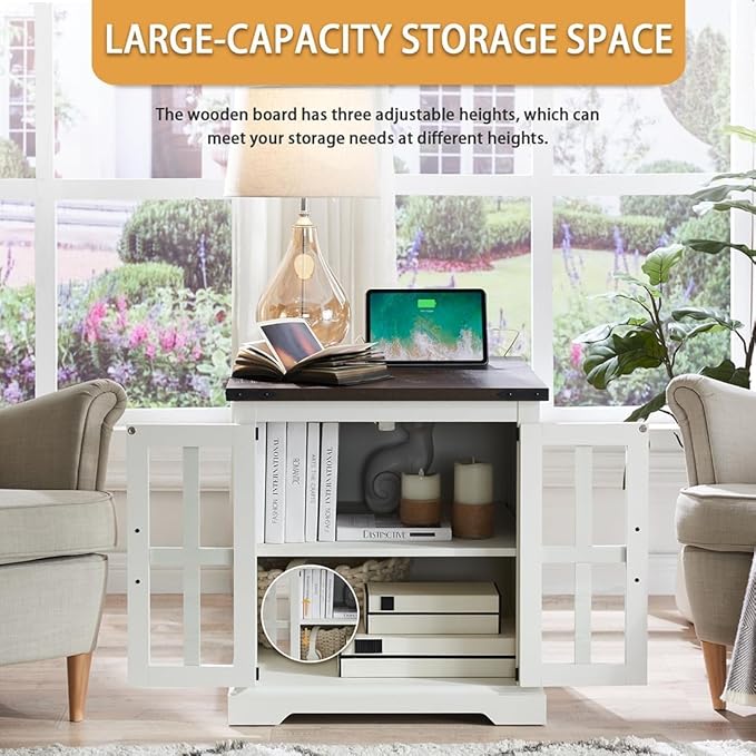 Farmhouse End Table with Charging Station,24" Large Side Table with Glass Barn Door, Rustic Wood Nightstand Bedside Table with Adjustable Storage Shelf for Living Room, Bedroom,White,2 Pack