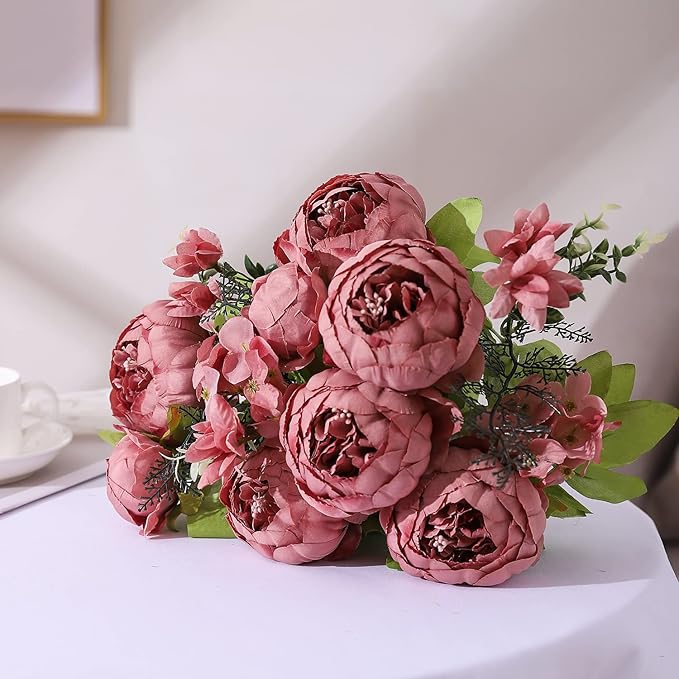 Duovlo Artificial Peony Silk Flowers Fake Flowers Vintage Wedding Home Decoration,Pack of 1 (Rosy Brown)