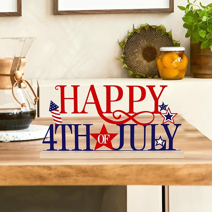 COCHIE Metal Happy 4th of July Sign, Red Blue and White Decorations for Home, Office, Shelf, Mantel, Indoor, Fouth of July Decoration, Patriotic Star Decor (Independence Day)