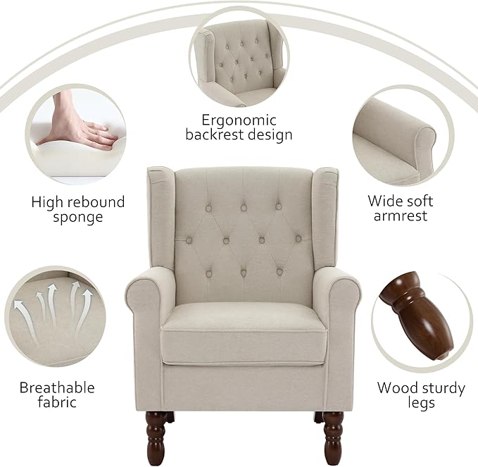 Lumibee High Back Accent Chair Set of 2,Upholstered Wingback Armchair with Solid Wood Legs for Small Spaces,Comfy Single Sofa Chair for Living Room,Bedroom,Office-Beige