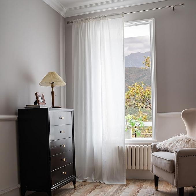 MYSKY HOME White Linen Curtains for Living Room, 100% Linen Natural Semi Sheer Curtains & Drapes 84 inches Length 2 Panels Farmhouse Country Light Filtering Bedroom Window Rod Pocket, 50" Wide, White