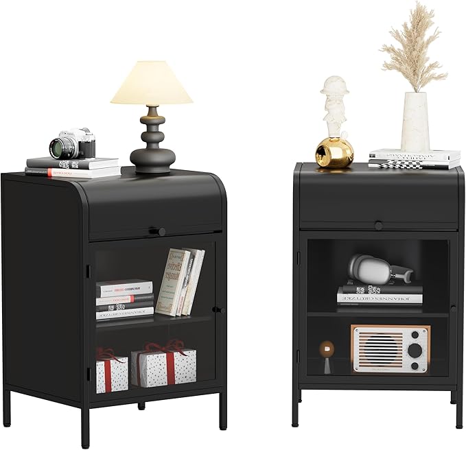 Modern Metal Side Tables Set of 2, End Tables with Glass Door, 2-Tier Nightstands with Storage Shelves, Accent Table, Slim Sofa Table for Living Room, Bedroom (Black)