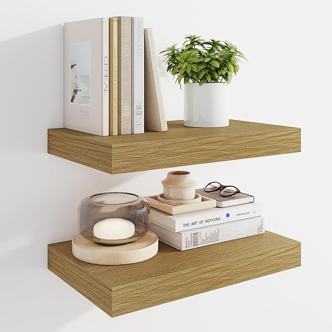 Marsmiles 16" Floating Shelves for Wall, Wooden Shelves with Invisible Brackets Set of 2, Rustic Farmhouse Wall Mounted Shelf for Kitchen Bathroom Living Room Study, Natural Oak