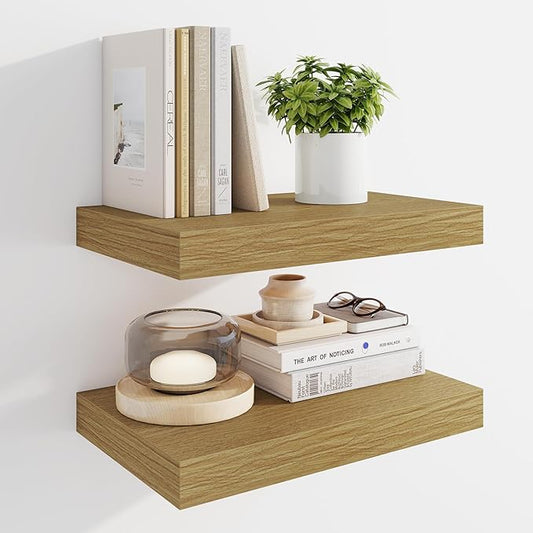 Marsmiles 16" Floating Shelves for Wall, Wooden Shelves with Invisible Brackets Set of 2, Rustic Farmhouse Wall Mounted Shelf for Kitchen Bathroom Living Room Study, Natural Oak