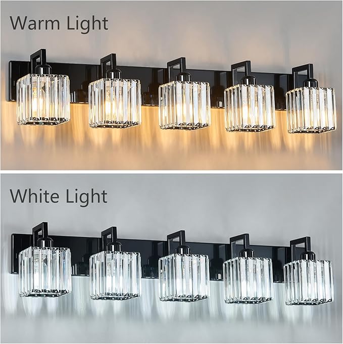 Modern Bathroom Vanity Light 5-Lights Plating Black Vanity Light Crystal Wall Light Bathroom Light Fixtures