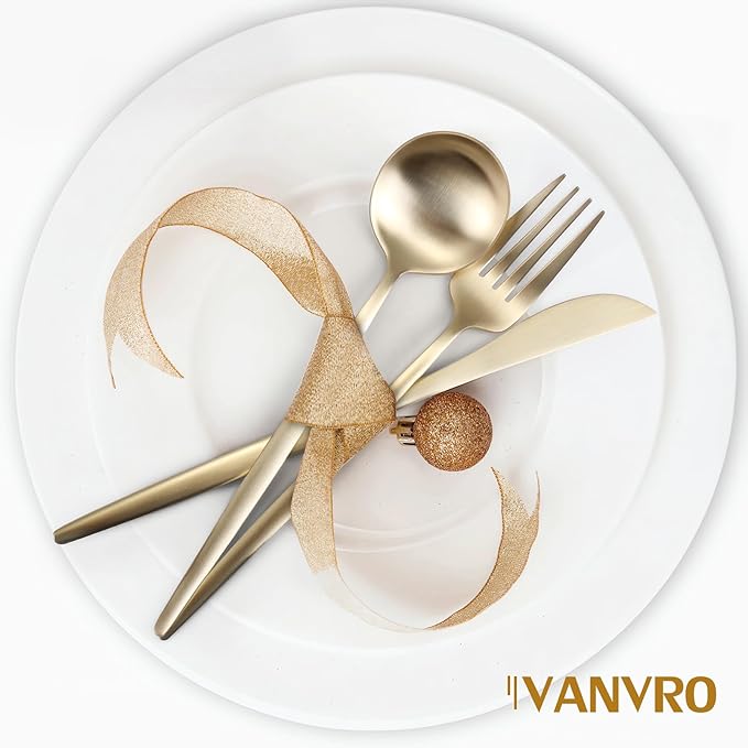 Matte Champagne Gold Silverware Set, 60-Piece Stainless Steel Flatware set, Service for 12, Tableware Cutlery Set, Satin Finish,Utensils for Kitchen, Dishwasher Safe
