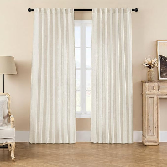 Joydeco Linen Curtains 2 Panel Set,Light Filtering, Ivory on Linen Curtains 84 Inch Curtains for Living Room, Cream Drapes 84 Inches Long Rod Pocket Back Tab Curtains (84" L x 100" W)