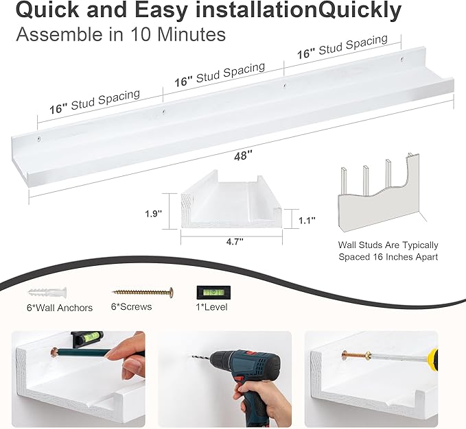 Floating Picture Ledge Shelves 48 Inch Solid Oak Wood Set of 2, Rustic Wall Storage Shelves with Lip, Kids Bookshelf, Photo & Picture Ledge Shelves for Bedroom, Living Room, Kitchen