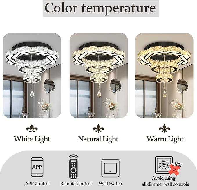 Flashing God Modern Crystal Chandeliers Dia 24" Black Chandelier Flush Mount Ceiling Light for Bedroom Living Room Dining Room Hallway Dimmable 3 Rings LED Celing Lighting Fixtures