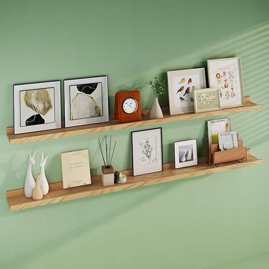 Floating Picture Ledge Shelves 72 Inch Solid Oak Wood Set of 2, Rustic Wall Storage Shelves with Lip, Kids Bookshelf, Photo & Picture Ledge Shelves for Bedroom, Living Room, Kitchen