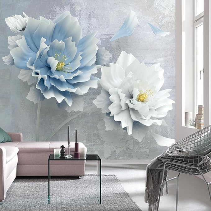 WFBHUA-Blue Floral Wallpaper Mural Modern Peony Flower Wallpaper Large 3D Art Living Room Bedroom Bathroom Wall Mural Decor (Not Peel and Stick)