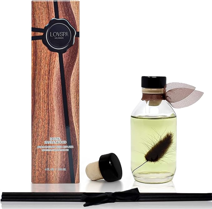 LOVSPA Reed Diffuser Set, Santal (Sandalwood) Scented Oil Diffuser with Sticks, Home Fragrance Accessories for Bathroom Shelf Decor, Aroma Diffusers for Home or Office Fall Decor, USA Made
