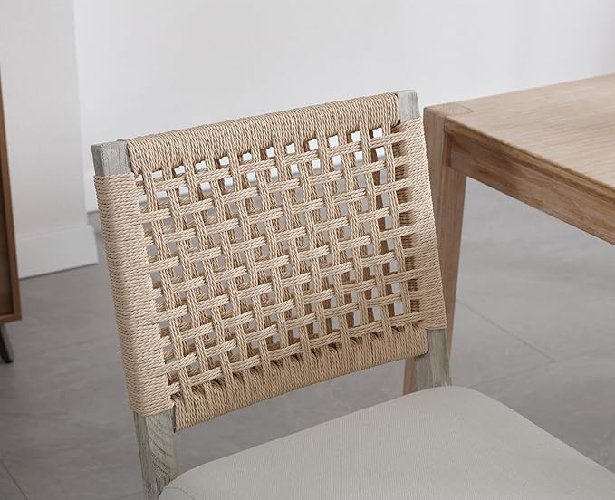 Kmax Farmhouse Dining Chairs Set of 6, Rustic Kitchen Chairs with Linen Fabric Seat and Woven Back, Vintage Accent Chairs for Dining Room, Living Room, Ivory