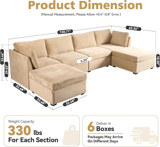 Modular Sectional Sofa, 130.7 Inch U Shaped Couch Set for Living Room, 4-Seater Comfy Cloud Couches with Two Movable Ottoman, DIY Combination, Plush Corduroy, Beige
