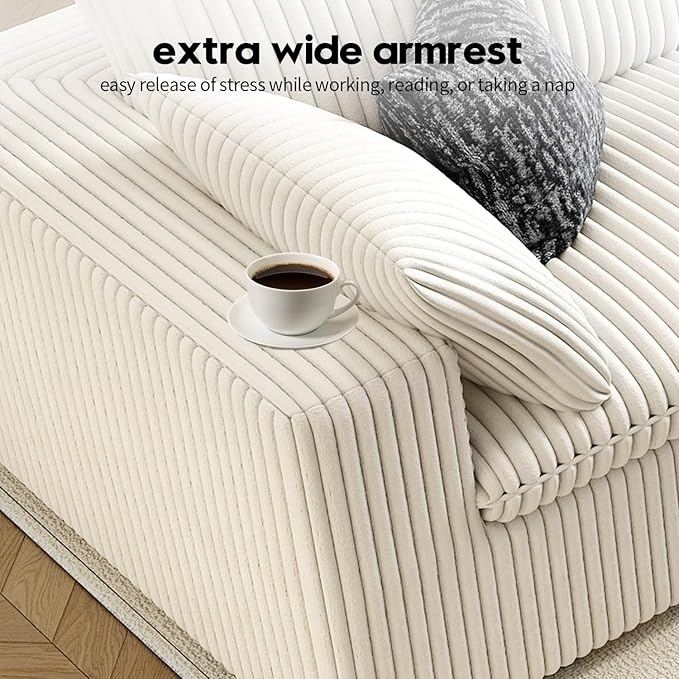 118" Cloud Couch Oversized Modular Sectional Sofa for Living Room,Modern Sofa with Deep Seat，6 Seater Boneless Couch,Comfy Upholstered Corduroy Couches for Apartment, Studio, Office,Bedroom，White