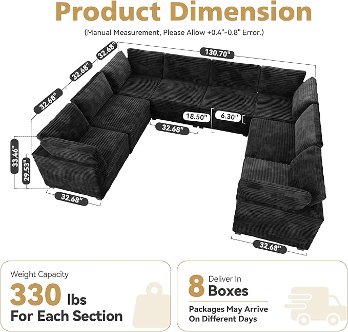 Modular Sectional Sofa with Chaise U Shaped Sectional Couch for Living Room, 8-Seater Comfy Cloud Couches, Plush Corduroy, Black