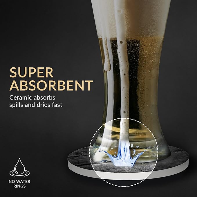 Emerson Coasters for Drinks Absorbent – Natural Stone Drink Coasters Set with Holder, Coasters for Coffee Table, Wooden Tabletop Protection Marble Style – 100% Heavy Duty Set of 6 (Obsidian)