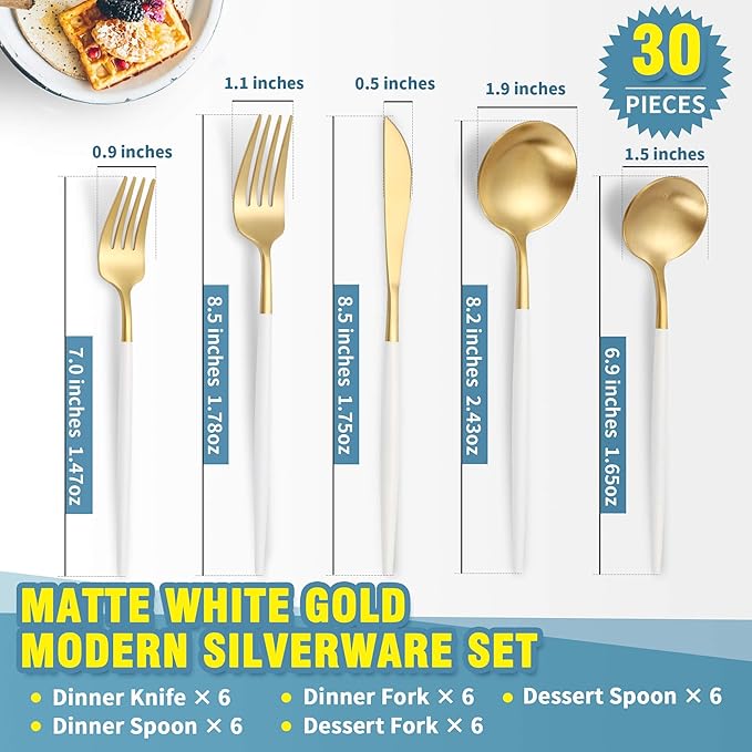 Matte White Gold Silverware Set for 6,Modern Stainless Steel Brushed Cutlery Set,30-Pieces Heavy Duty Flatware Set,Knives Spoons and Forks Set Utensils Set, Satin Finish, Dishwasher Safe