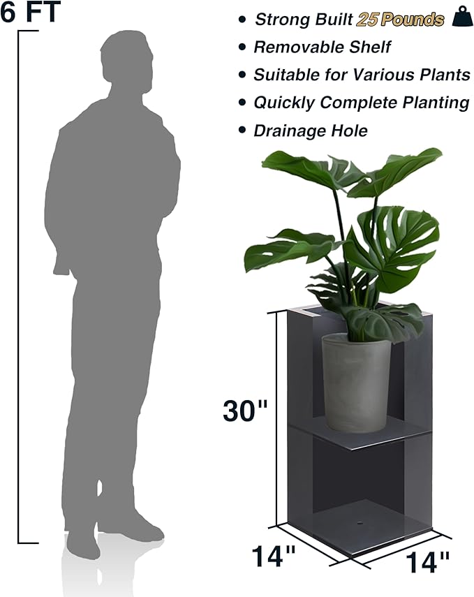 Metallic Heavy Tall Outdoor/Indoor Planter Box, Rectangular, 14Lx14Wx30H Inches, ‎25LBS/PC, Dark Gray, No Assembly Required and Seamless, Set of 2