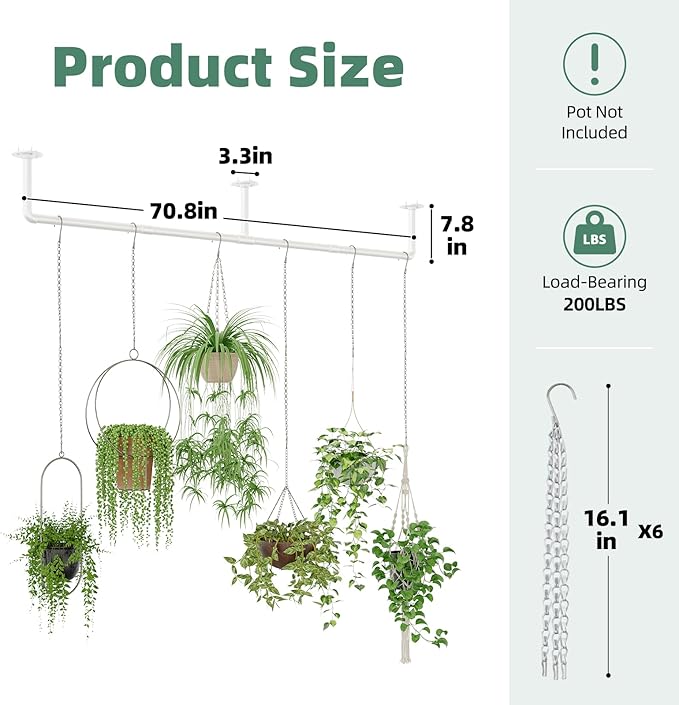 Plant Hanger Indoor with 6 Hanging Chains Hanging Planters for Indoor Plants Hanging Plant Holder Window Plant Shelves White Metal Rod(Pot not Included