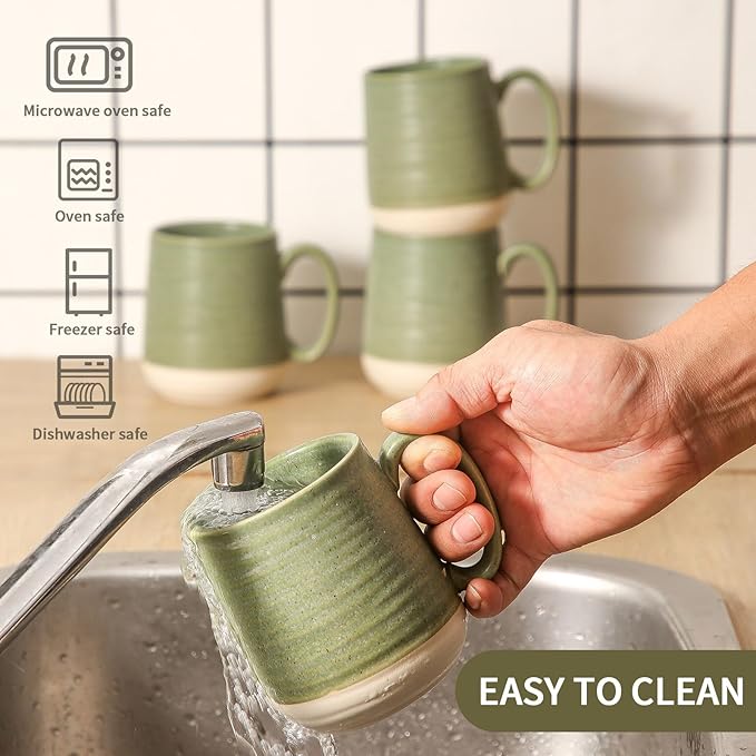 Large Ceramic Coffee Mugs Set - 15 OZ Porcelain Coffee Latte Cups Set of 4 with Handle Perfect for Cappuccino, Tea, Mocha, Hot or Cold Drinks, Unique Glaze Design for Home, Cafe and Coffee Bar, Green