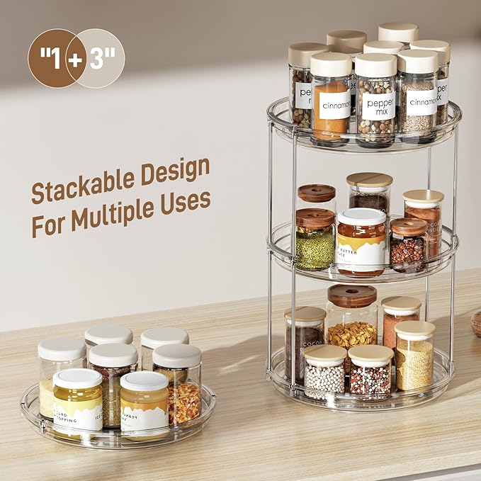 LAMU 2 Pack 2 Tier Lazy Susan Turntable Organizer 9.25'' Rotating Spice Rack Organization for Cabinet, Kitchen, Pantry, Countertop, Bathroom, Vanity, Medicine Cabinet Organizer, Clear