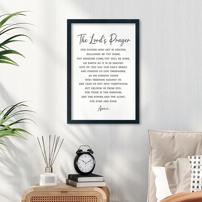 LuZhiQiang The Lords Prayer Wall Decor 16"×11" Our Father Prayer Bible Verse Sign Wood Framed Wall Hanging Art (Black)