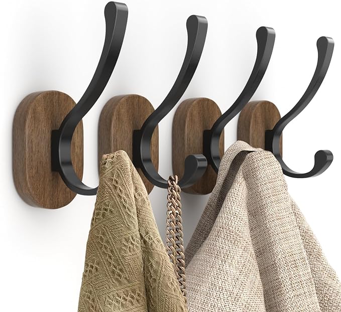 Wall Hooks for Hanging Coats - 4 Pack Coat Hooks Wall Mounted, Wood Coat Hooks for Wall, Bussdis Single Metal Hooks for Hanging Hats, Keys, Towel, Robe, Purse, Jackets, Decorative Livingroom, Bathroom