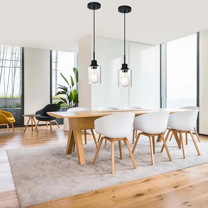 Modern Farmhouse Pendant Lighting for Kitchen Island,Industrial Dining Room Light Fixtures Hanging Over Table with Seeded Glass,2 Pack Black Pendant Lights Mini Chandeliers for Sink Bar