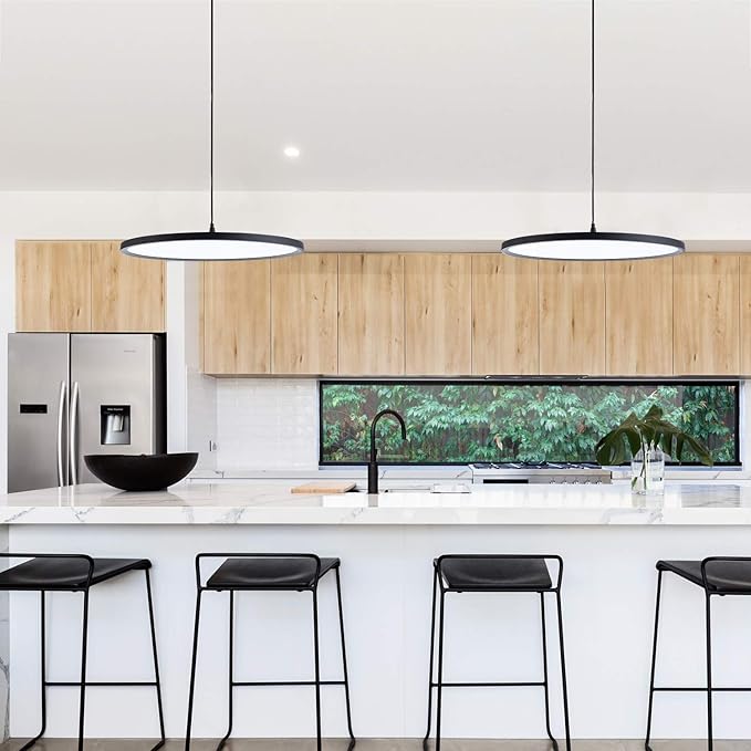 MADEM Modern LED Pendant Light 23.6'' Disc Chandelier Hanging Lighting Fixture with Acrylic Shape Dimmable Office Chandelier 6000K for Office Room Football Bedroom Decor Kitchen Island, Black