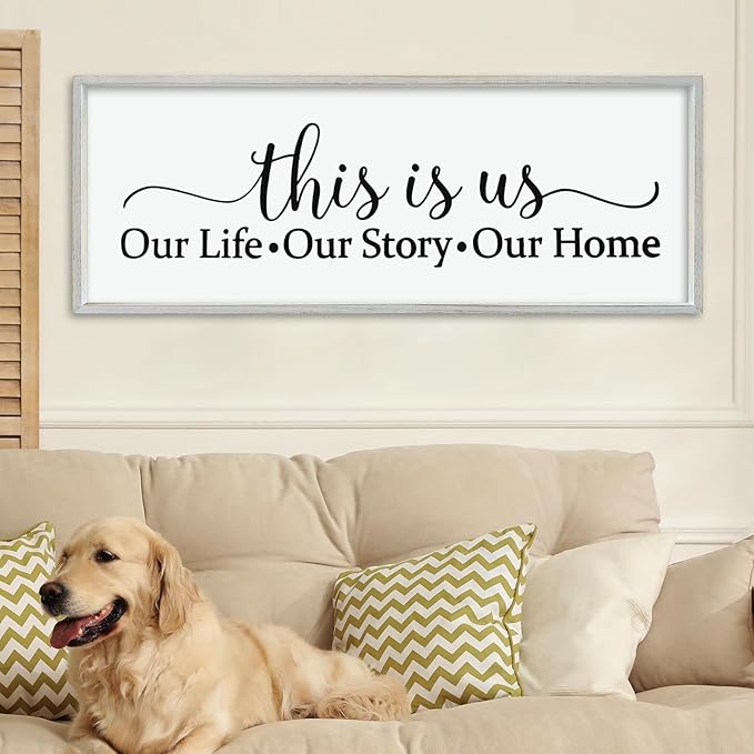 LuZhiQiang This Is Us Sign Wall Decor 40"×15" for Bedroom Family Sign Large Framed Wooden Wall Hanging Art (White)