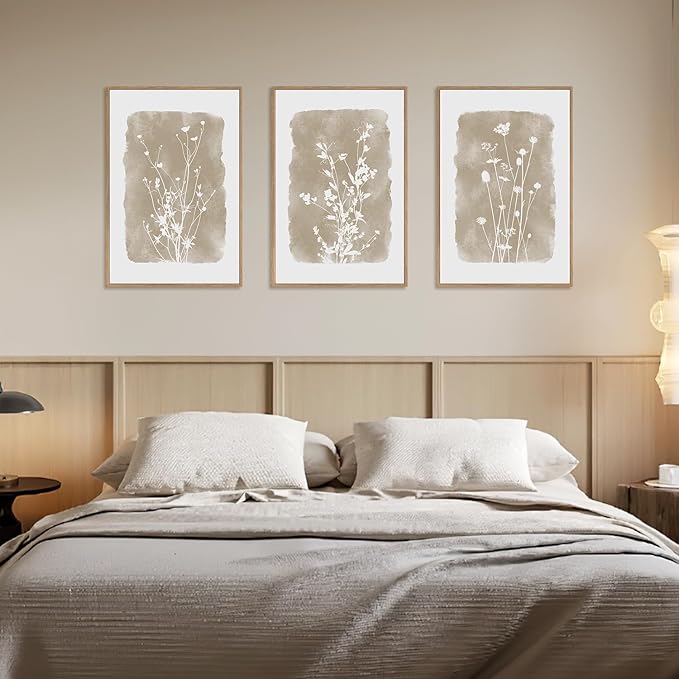 HPINUB Large Boho Wildflowers Canvas Framed Wall Art Set,Minimalist Vintage Flower Wall Decor,Beige Floral Botanical Artwork for Living Room Bedroom,Dining Room,Office -24"x36"x3