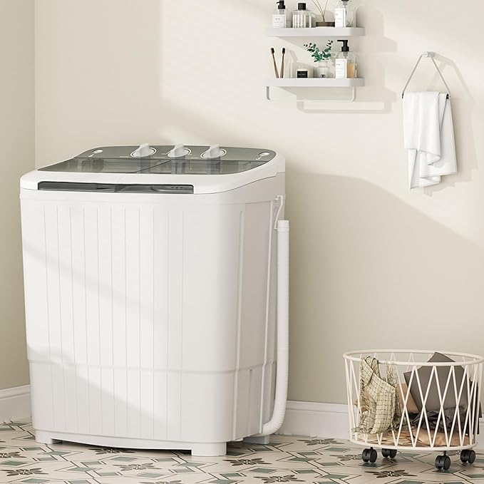Greenvelly Portable Washing Machine, 16 Lbs Compact Mini Washer and Dryer Combo, Semi-automatic Twin Tub Washer with Drain Pump for Dorms, Apartments, RVs (Grey)