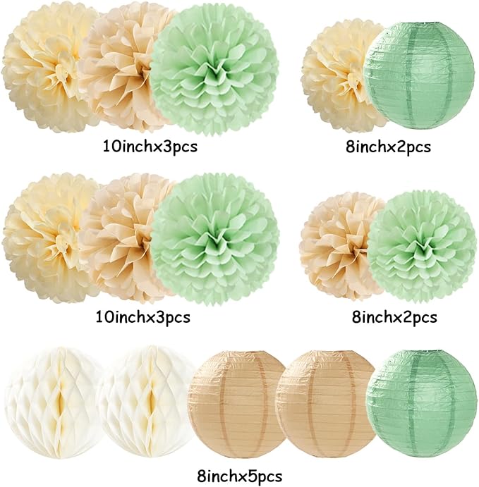 Sage Green-Boho Party-Decorations Paper-Flowers Lanterns - 15PCS Safari Rustic Neutral Baby Shower Tissue Pom Poms Streamers, Champagne Gold Birthday Wedding Graduation Hanging Supplies Decor Hugfond