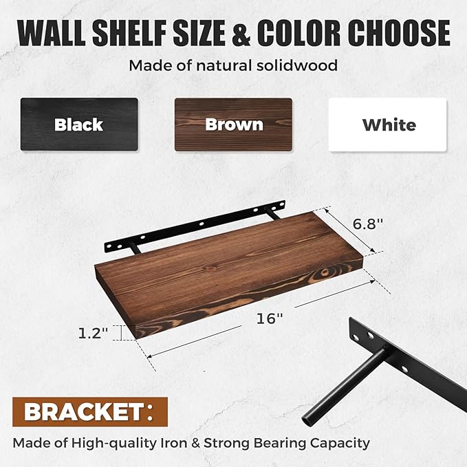 Floating Wall Shelves - 16"x6.8"x1.2" Sturdy Rustic Brown Solid Wood Shelves for Storage and Décor, Easy Installation for Living Room, Bedroom, and Kitchen - 2 Pack